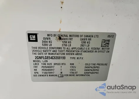 2012 Chevrolet Equinox Ltz from USA, damaged, VIN 2GNFLGE54C6358199